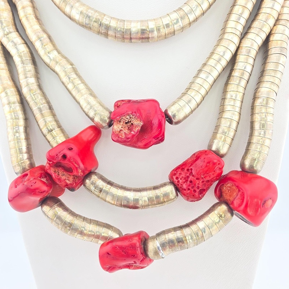 Vtg Coral Necklace Chunky Red Beads Tubular Omega Chain Silver Tone 22"